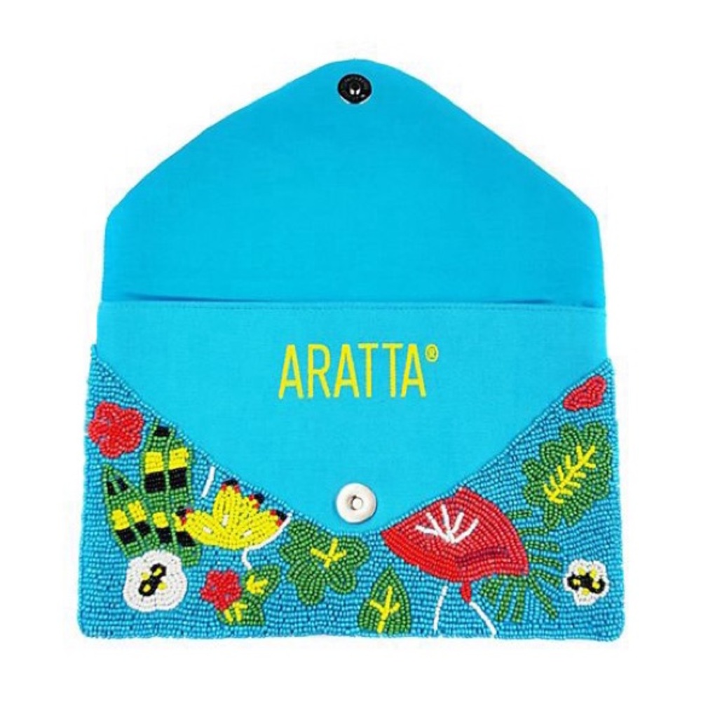 💕 ARATTA paradise hand embellished clutch flamingo print blue beaded NEW strap - Picture 3 of 7